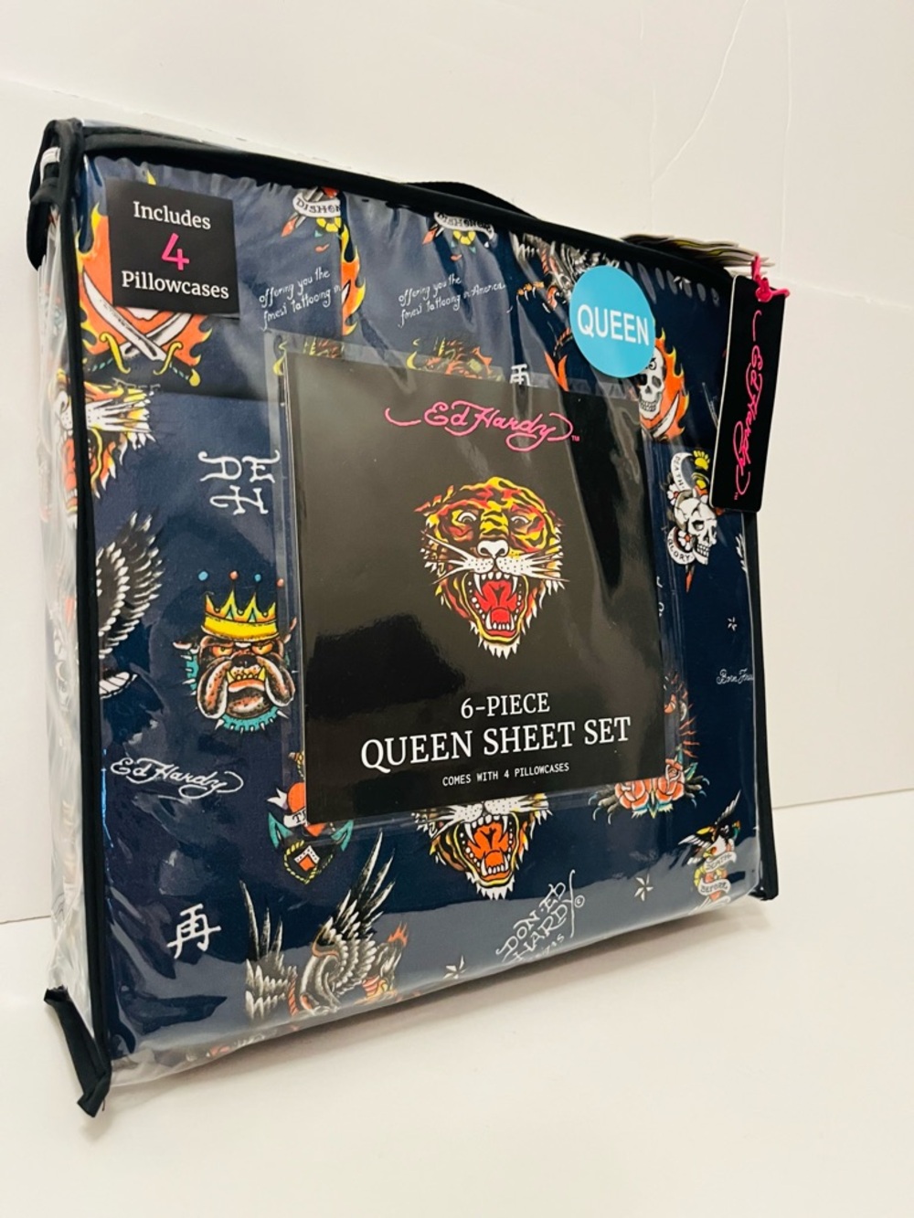 Ed Hardy Blue Queen Size Sheet Set Royal Bulldog Skull Flying Tiger Snake Geisha